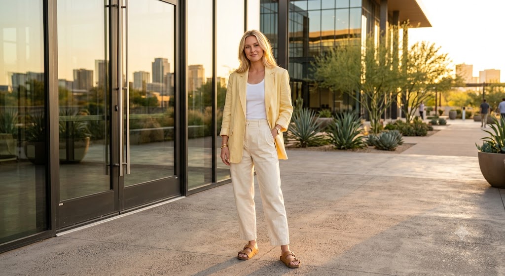 Pastel Yellow Linen Oversized Blazer & Cream Chinos